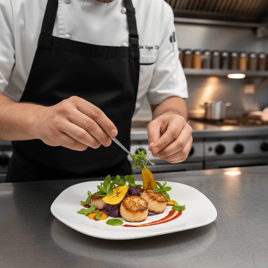 Chef in a white coat plating a colorful fusion dish with fresh herbs
