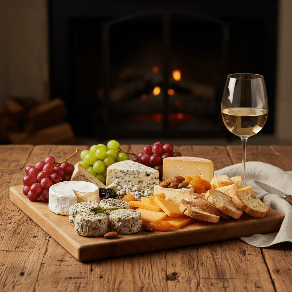 Wooden cheese board with brie, manchego, grapes, and a glass of white wine