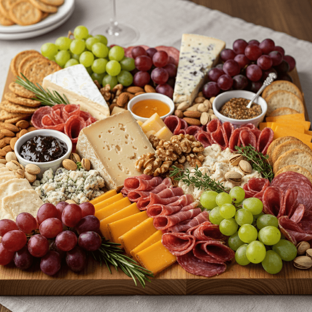Artfully arranged cheese board with grapes nuts and cured meats