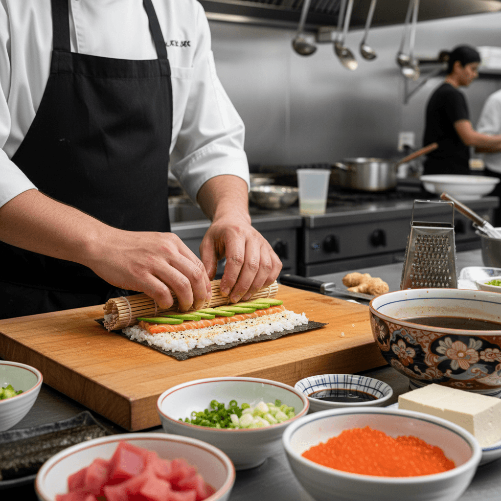 Chef hand-rolling sushi in a professional kitchen