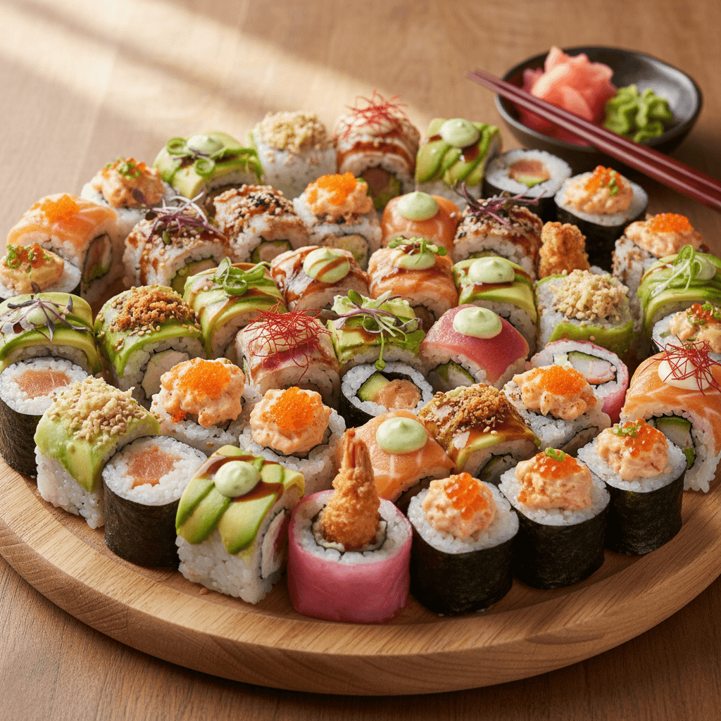 Assorted sushi rolls on a wooden platter with vibrant toppings