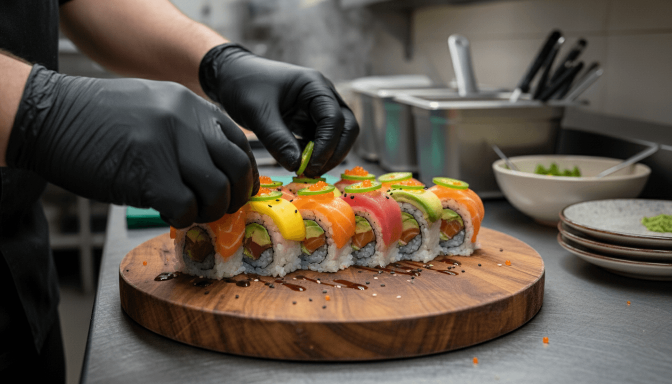 Close-up of a sushi roll topped with jalapeno and spicy sauce on a wooden cutting board