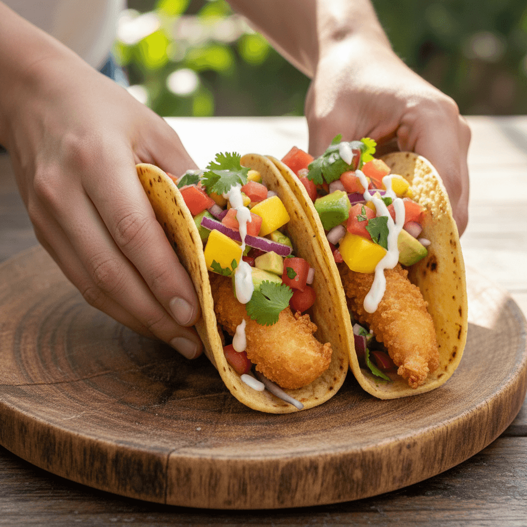 Two crispy tempura shrimp tacos with salsa on a dark plate