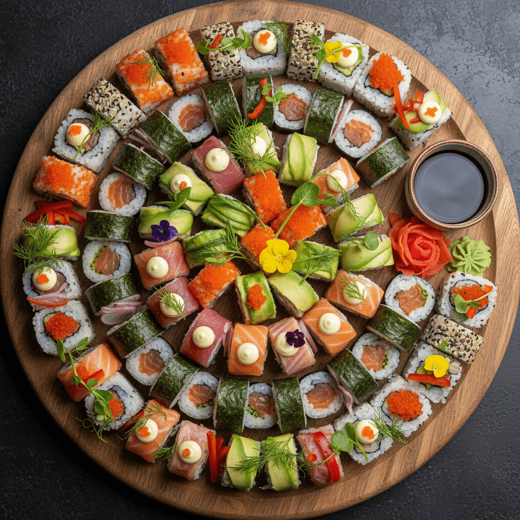 Colorful assorted sushi rolls on a black wooden platter with garnishes