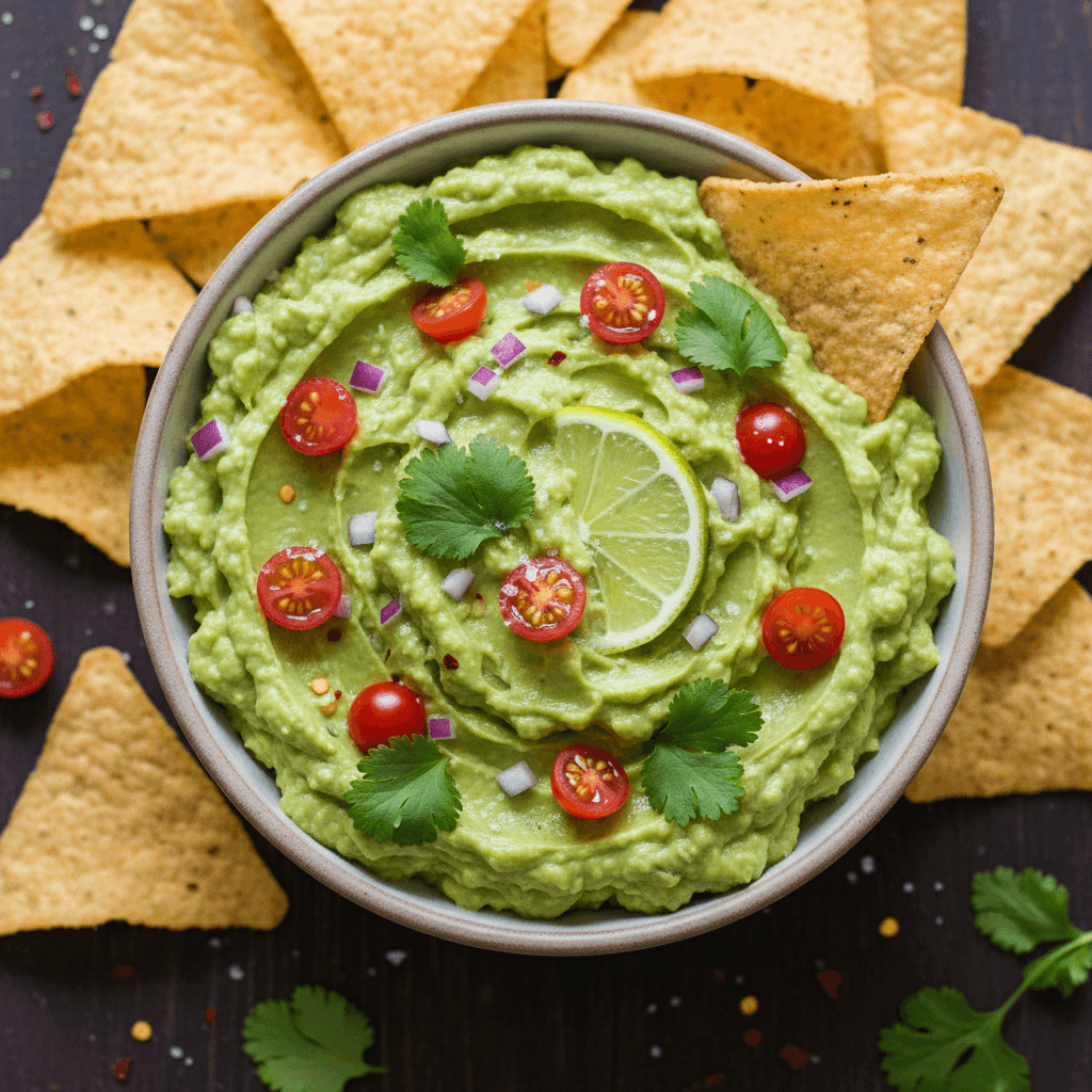 Bowl of guacamole dip with tortilla chips and fresh garnishes
