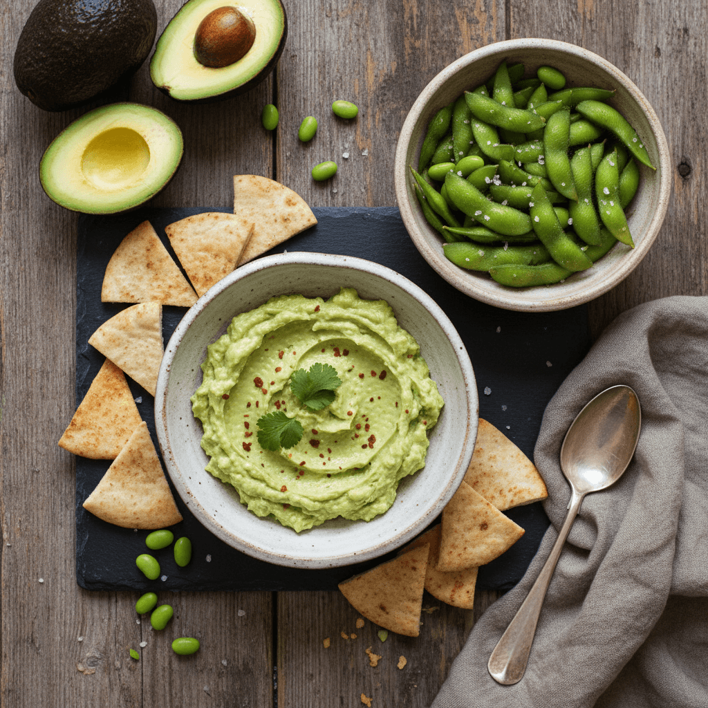 Edamame beans and avocado dip served as appetizers on a rustic table