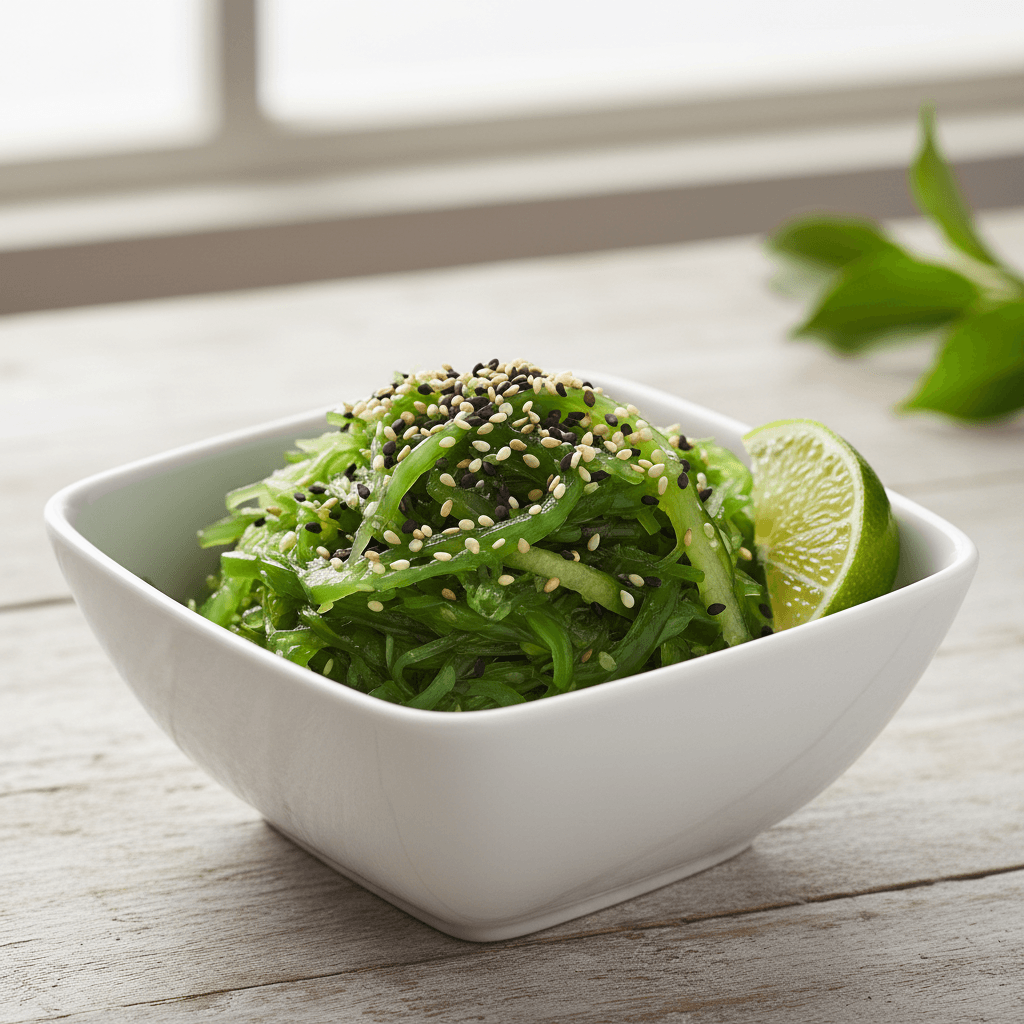 Green seaweed salad in a ceramic bowl with sesame seeds and a lime slice
