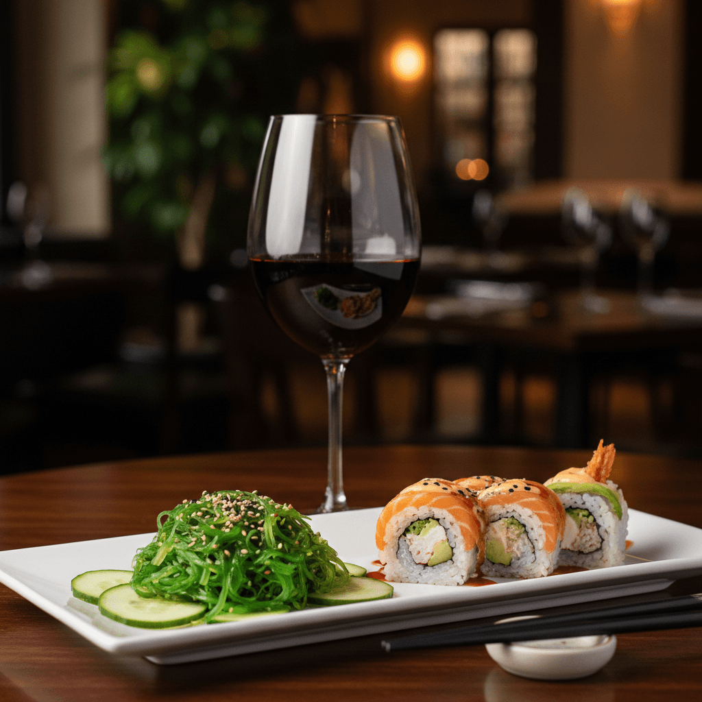 Glass of red wine beside a plate of seaweed salad and sushi rolls