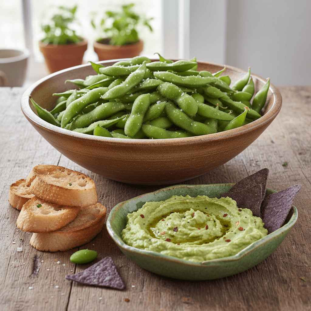 Small bowl of edamame and a bowl of green avocado dip on a wooden surface
