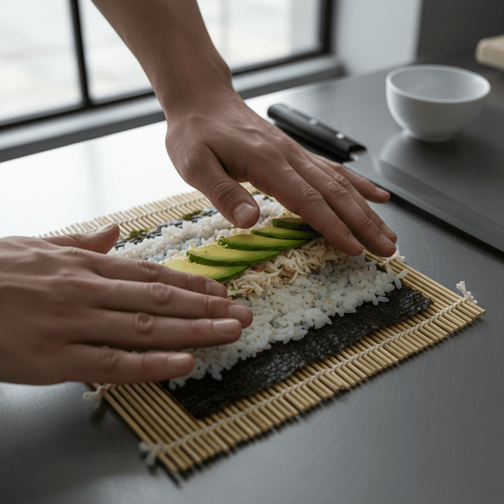 Assorted sushi rolls on a wooden board