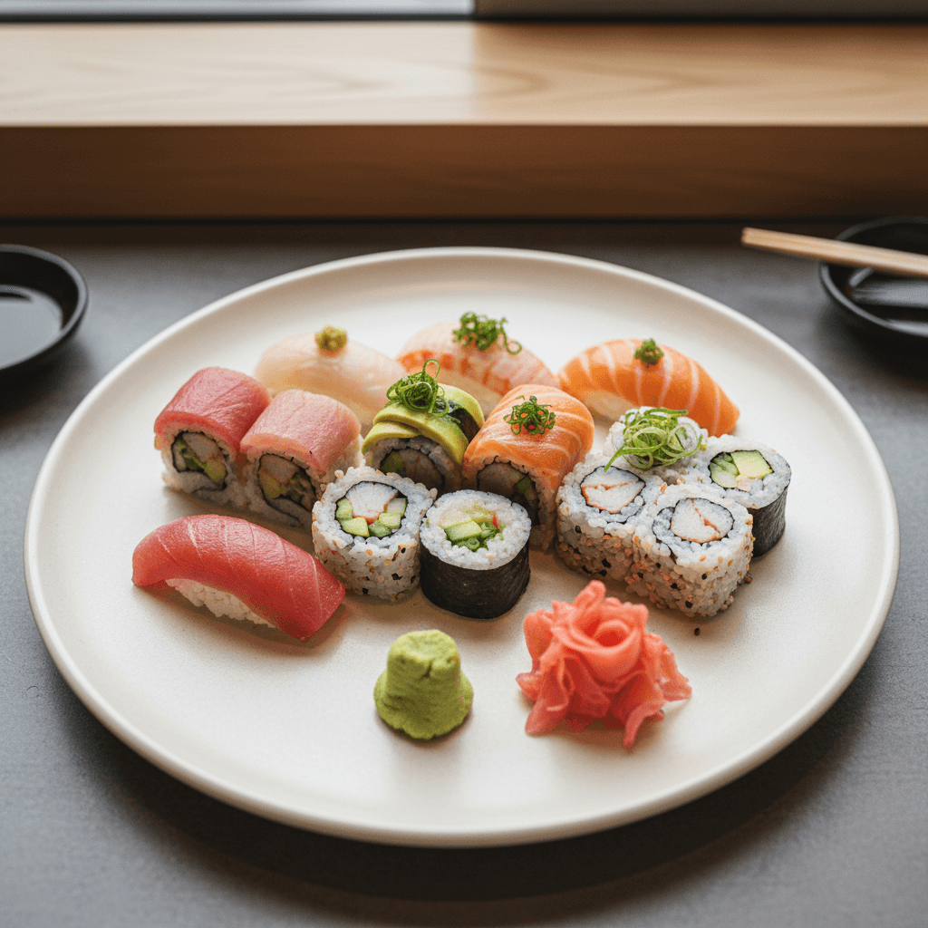Assorted sushi rolls on a wooden platter with ginger and wasabi