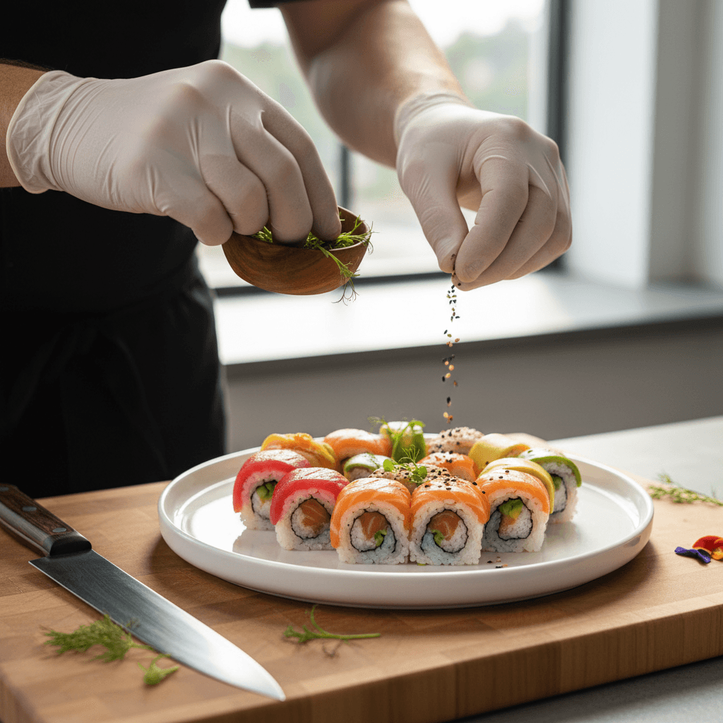 Chef arranging sushi rolls on a wooden platter