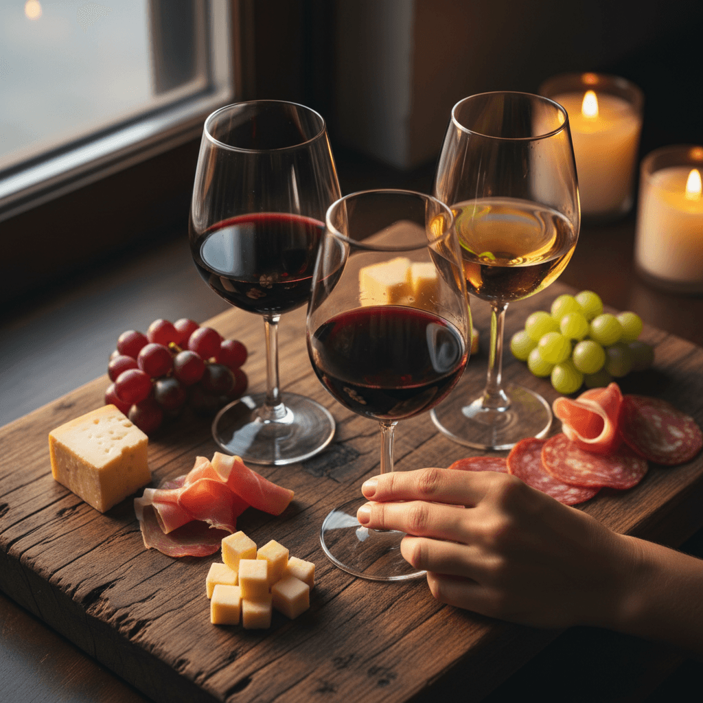Cheese board with grapes and wine glasses on rustic wooden table