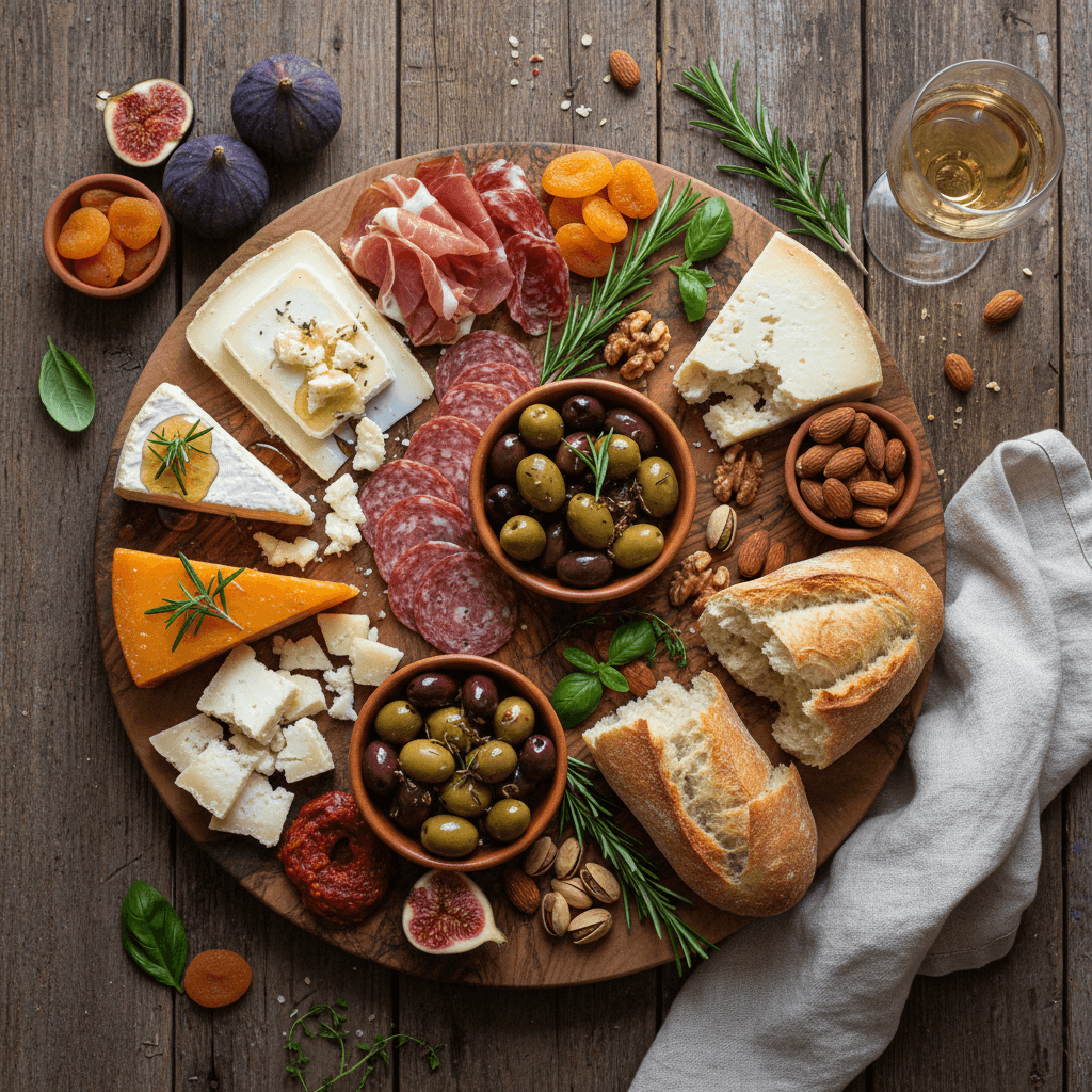 Cheese board with wedges of brie and manchego surrounded by grapes and fig jam in natural light
