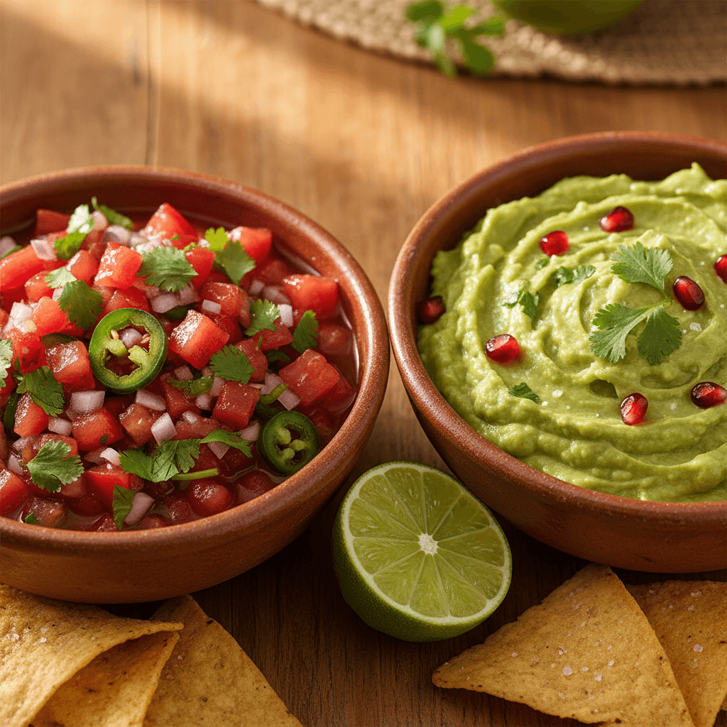 Bowl of fresh avocado dip with lime wedges and tortilla chips