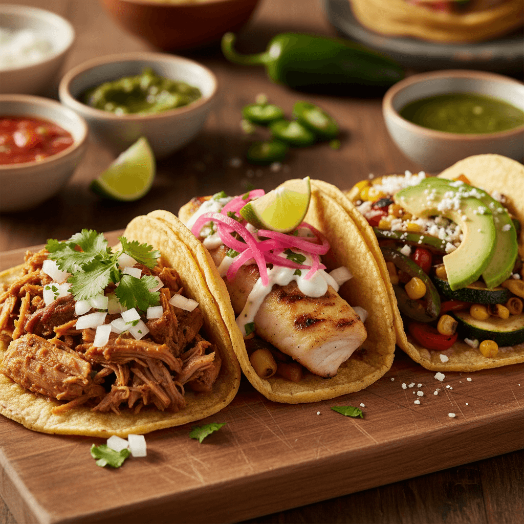 Wooden platter of assorted tacos with colorful salsa and lime wedges